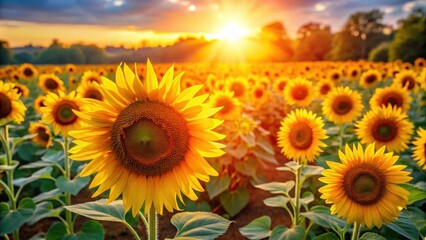 Wall Mural - field of vibrant sunflowers glowing in the sunlight, sunflowers, field, summer, vibrant, yellow, nat