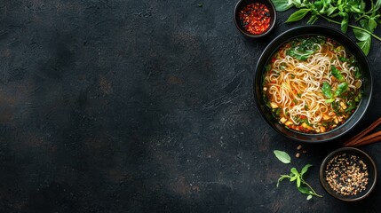 Wall Mural - Asian Noodle Soup with Herbs and Spices on Black Background