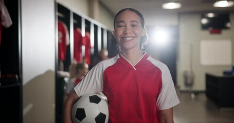 Canvas Print - Locker room, face and woman with soccer ball for sports, competition and game match with confidence. Portrait, female person or professional player with football for trick, playing and smile of girl