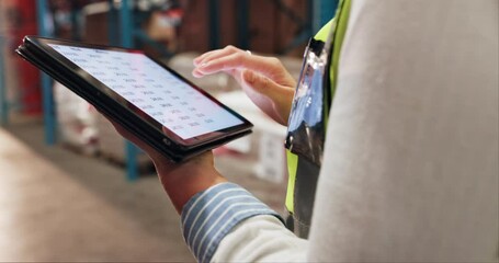 Poster - Screen, person or hands on tablet in factory for distribution schedule or ecommerce shipping. Inspection results, delivery app and logistics worker on touchscreen to organize inventory or ecommerce