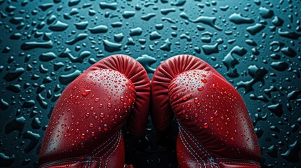 Wall Mural - Red Boxing Gloves in Dark Scene with water drops. ai generated image.