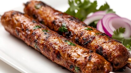 Delicious Seekh Kabab on a White Background, Showcasing the Savory, Grilled Meat Skewers in a Clean and Simple Presentation.