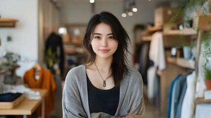 Poster - Smiling young woman in a grey cardigan stands in a clothing store.