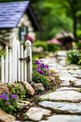 Wall Mural - White picket fence gate with purple flowers and stone pathway in garden