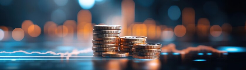 Stacked coins with financial growth chart, representing investment and economic growth in vibrant blurred background with bokeh lights.