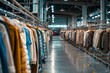 © InfiniteStudio - Clothes hanging on racks in a fabric warehouse transportation hub for fashion apparel