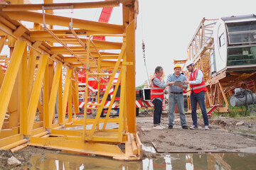 Team of workers at construction site with heavy machines.