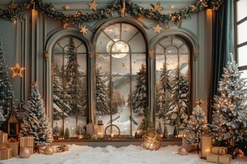 Wall Mural - A Christmas scene with a large window and a mountain in the background