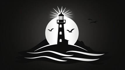 Wall Mural - A black and white illustration of a lighthouse on a rocky island with a moon behind it.