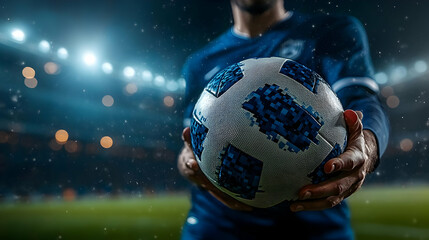 Soccer player holding a ball in a stadium.