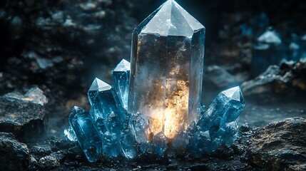 Wall Mural - A cluster of quartz crystals, one of which is illuminated, emerges from a bed of dark stones.