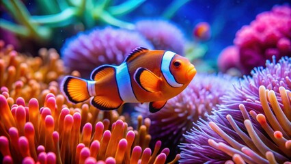 Clownfish swimming among vibrant sea anemones on a colorful reef, clownfish, anemone, reef, underwater