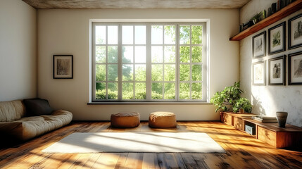 Wall Mural - Spacious living room with large window, wooden floor,  and a couch.