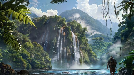 Wall Mural - A man stands in front of a lush, jungle-like landscape, with a waterfall cascading down a cliff.