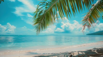 Beautiful sea view and palm leaves. Tropical landscape for luxury travel and vacation background.