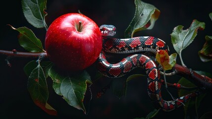 Original Sin: Red Striped Snake and Apple on Tree Branch