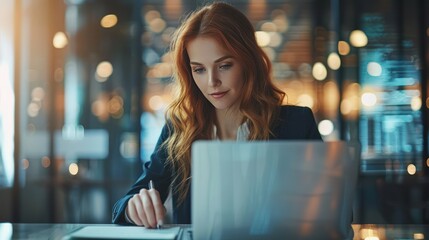 Corporate Productivity: A Successful Businesswoman Utilizing Laptop Technology in the Office