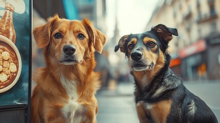 Two Dogs: One Featured on a Dog Food Advertisement Banner and Another Real Dog Sitting on the Street Watching the Ad. A Thought-Provoking Scene Blending Reality and Marketing Imagery.