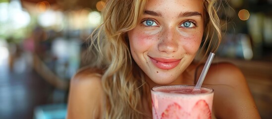 Canvas Print - Young Woman Enjoying a Strawberry Smoothie