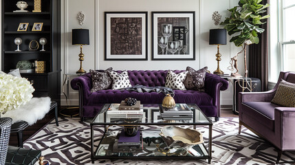 Sophisticated living room with a dark purple sofa, black and white decor, and metallic accents.