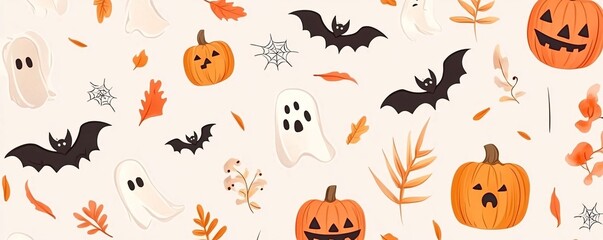 Seamless halloween pattern with pumpkins, ghosts and bats flying on a light background