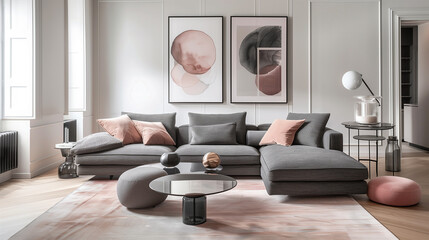 Wall Mural - contemporary living room with a slate gray sofa, blush pink accents, and glass decor elements.
