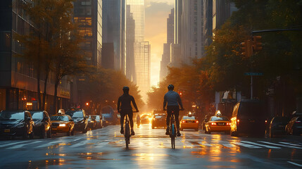 two cyclists ride down a city street on a wet, foggy morning.