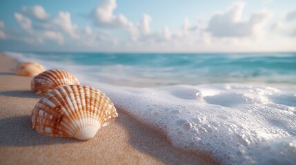 Seashells on Sandy Beach with Ocean Waves and Blue Sky