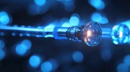 Wall Mural - Close-up of an endoscope tip with fiber-optic lights, resting on a sterile field, shallow depth of field, no people