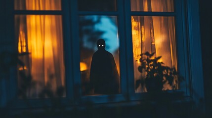 Spooky shadow with glowing eyes is peering through a house window at night