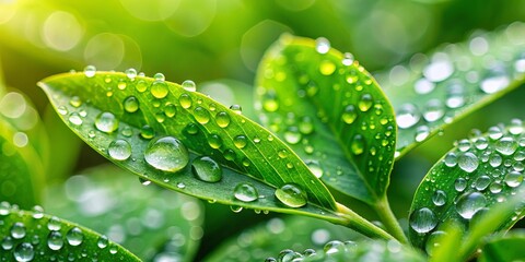 Sticker - Delicate raindrops on vibrant green plant leaves in high contrast shallow depth detail