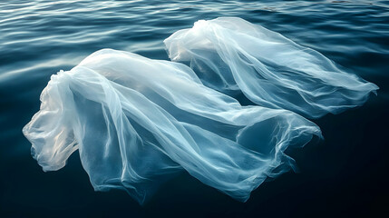 Two pieces of white fabric float on a dark blue ocean surface.