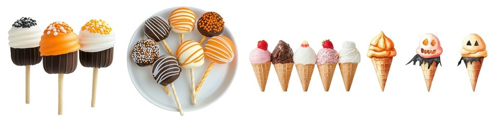 Delightful assortment of colorful ice cream cones and pops, perfect for summer treats and dessert inspiration. Isolate on white background