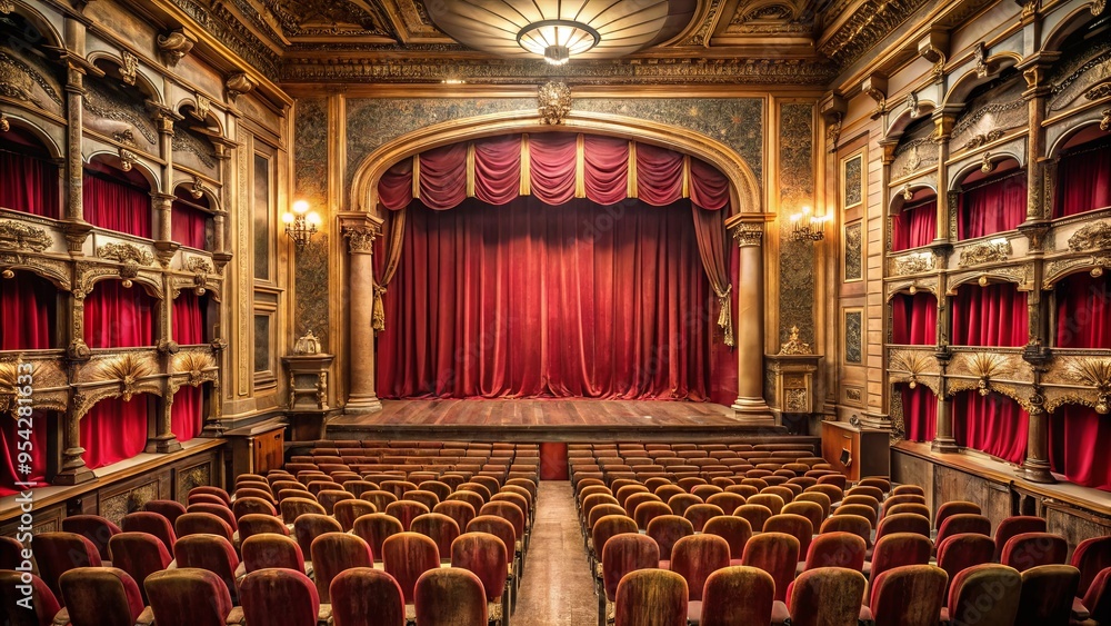 Ornate vintage theater interior with red velvet curtains, gilded ...