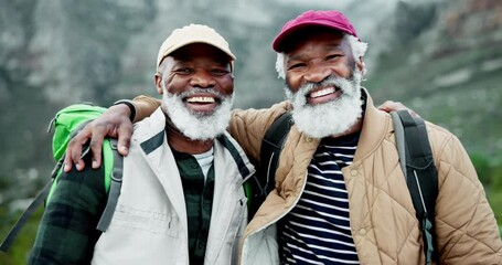 Canvas Print - Senior black men, hiking and face in nature with smile from fitness, wellness and trekking in the mountains for health. Outdoor, happy and best friends with camping backpack and laughing together