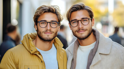 Canvas Print - Two young men with stylish haircuts and glasses look at the camera with a friendly smile, standing in a city.