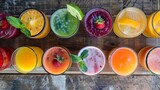 Fresh fruit juices in glasses on a wooden table top view.