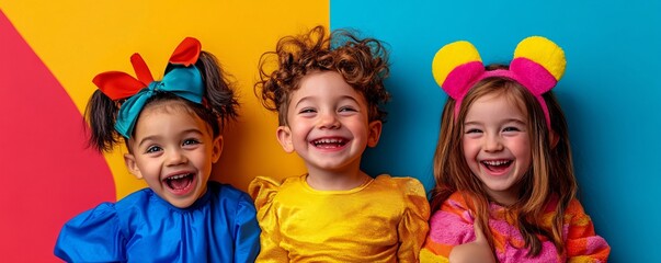 Wall Mural - Three joyful kids in vibrant outfits share a laugh against a colorful backdrop