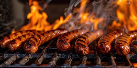 Canvas Print - Merguez Sausages Grilling on Barbecue Grill with Flames Ignited by the Fat