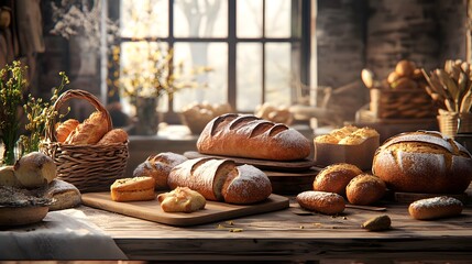 A warm bakery atmosphere with 3D-rendered hand-crafted bread and pastries on a vintage table