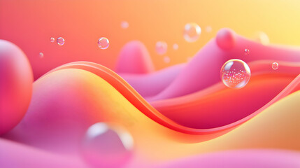 Wall Mural - Abstract Pink and Yellow Wavy Background with Floating Bubbles