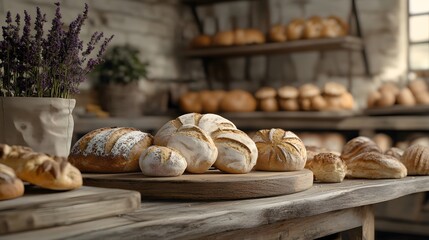 A rustic bakery scene with 3D-rendered organic bread and pastries cooling on a wooden rack