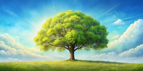 Sticker - A beautiful painting of a tree with leaves against a light blue sky background