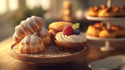 Wall Mural - A close-up of 3D-rendered hand-crafted pastries with a warm vintage background