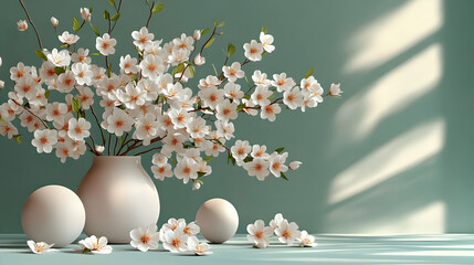 Canvas Print - White blossoms in vase on a green background with sunlight.