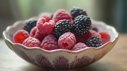 Wall Mural - Fresh Raspberries and Blackberries in a White Bowl