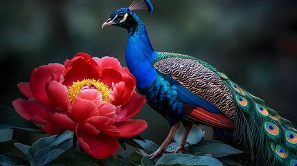 Wall Mural - Peacock and Red Peony Flower in Nature