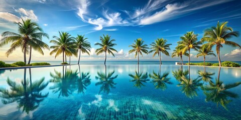 Wall Mural - A serene pool with crystal clear water reflecting palm trees and blue skies