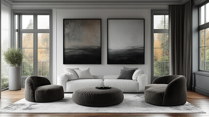 A modern living room with two armchairs, a couch, and two abstract paintings on the wall.