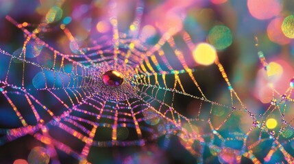 Luxurious, foil-stamped card in shimmering, metallic hues, featuring a dazzling, holographic pattern of neon-colored spiderwebs.